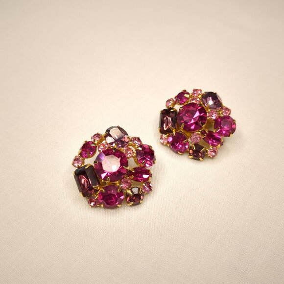Weisss Pink Rhinestone Earrings Clip Ons - Picture 2 of 5